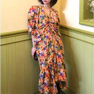 Floral Print Drawstring Elbow-sleeve Midi Dress