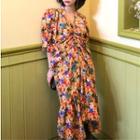 Floral Print Drawstring Elbow-sleeve Midi Dress