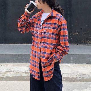 Letter Embroidered Long-sleeve Plaid Shirt Tangerine - One Size