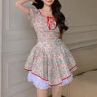 Short-sleeve Floral A-line Dress / Lace Trim A-line Skirt / Set