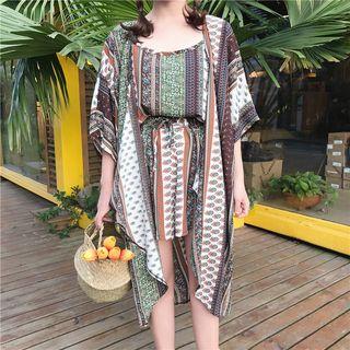 Set: Patterned Camisole Top + Wide Leg Shorts + Light Jacket