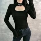 Choker-neck Buckled Long-sleeve T-shirt