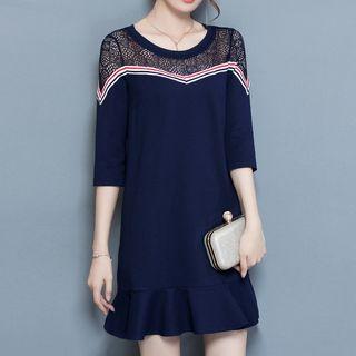 Mesh Yoke 3/4-sleeve A-line Dress