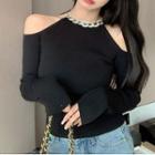 Chained Halter-neck Cold-shoulder Knit Top Black - One Size