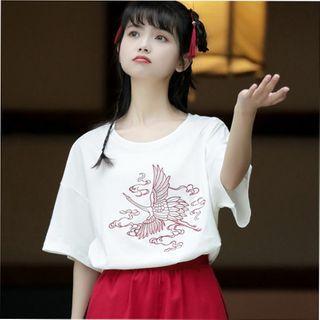 Crane Embroidered Short-sleeve T-shirt / Contrast Trim Wide-leg Shorts