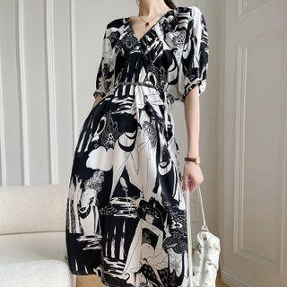 Puff-sleeve V-neck Print Midi A-line Dress