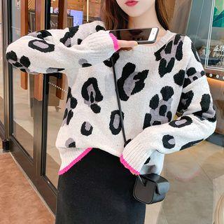 Leopard Print Knit Top Gray - One Size