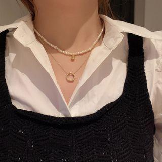 Hoop Pendant Necklace / Faux Pearl Choker / Set