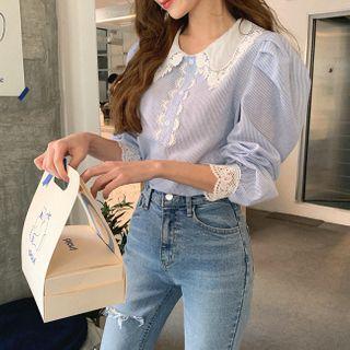 Lace-detail Stripe Blouse Light Blue - One Size