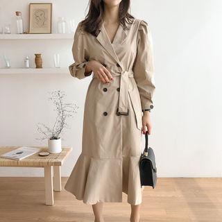 Puff-sleeve Double-breasted Trench Dress With Belt