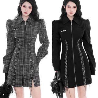 Long-sleeve Collared Zip-up Slit Mini Sheath Dress