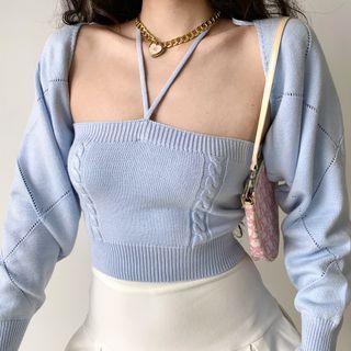 Set: Halter Knit Camisole Top + Cropped Cardigan