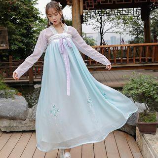 Long-sleeve Embroidered Hanfu Top / Maxi A-line Skirt / Set