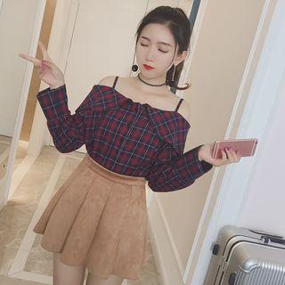 Off Shoulder Plaid Blouse