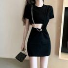 Short-sleeve Cutout Chained Mini Sheath Dress Black - One Size