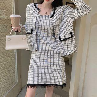Set: Sleeveless Plaid A-line Dress + Cardigan Dress - Off-white - One Size / Cardigan - Off-white - One Size