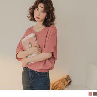 Elbow Sleeve V-neck Chiffon Top