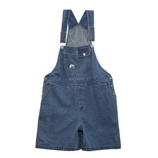 Cat Embroidered Denim Jumper Shorts Light Blue - One Size