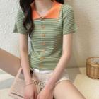Knit Striped Short-sleeve Top Stripe - Green - One Size