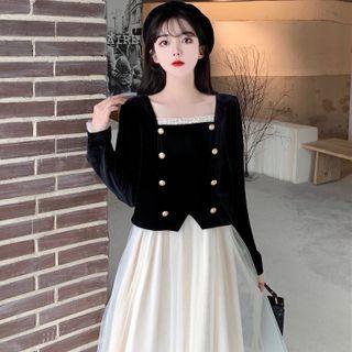 Double-breasted Velvet A-line Mesh Dress