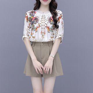 Set: Elbow-sleeve Graphic Print Chiffon Blouse + Wide Leg Shorts