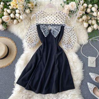 Dotted Panel Cold-shoulder A-line Dress
