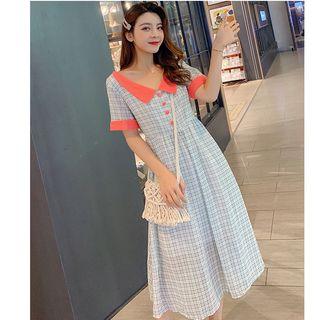 Plaid Contrast Trim Short-sleeve Midi A-line Dress