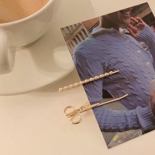 Set Of 2 : Mini Scissors / Faux Pearl Hair Pin Set Of 2 - Gold - One Size