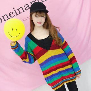 Striped V-neck Chunky Knit Sweater