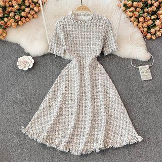 Short Sleeve Fringed Tweed Dress