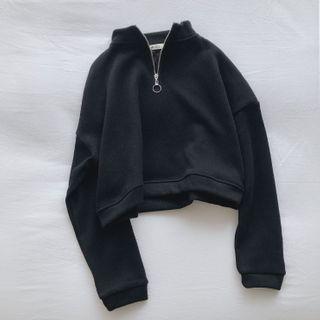 Long-sleeve Half-zip Plain Crop Top