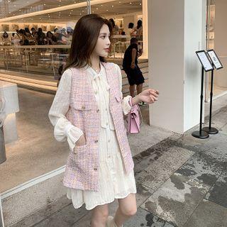 Tweed Vest / Tie Neck Long-sleeve A-line Dress