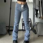 Mid Rise Lace-up Floral Embroidered Straight-fit Jeans
