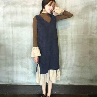 Set: Corduroy Tank Dress + Bell-sleeve Panel Pleated Dress