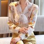 Lace Tie-neck Floral Long-sleeve Blouse