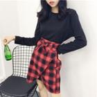 Set: Long-sleeve T-shirt Dress + Plaid A-line Skirt