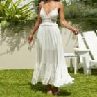 Spaghetti-strap V-neck Lace Trim Maxi A-line Dress
