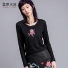 Monkey Embroidered Long Sleeve Top