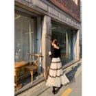 Crochet-trim Mesh Long Tiered Skirt