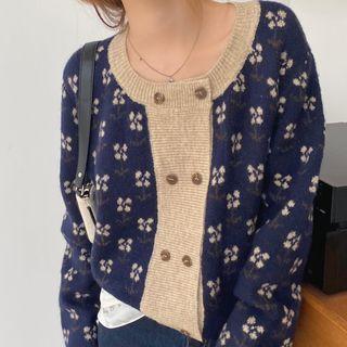 Long-sleeve Button-up Floral Knit Top