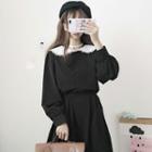 Long-sleeve Peter Pan Collar A-line Midi Dress Black - One Size