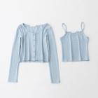 Set: Plain Camisole Top + Ribbed Knit Cardigan