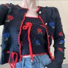Floral Embroidered Cardigan / Spaghetti Strap Knit Top