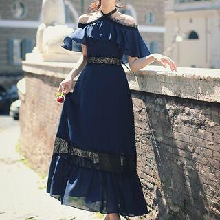 Lace Panel Elbow-sleeve Maxi Chiffon Dress