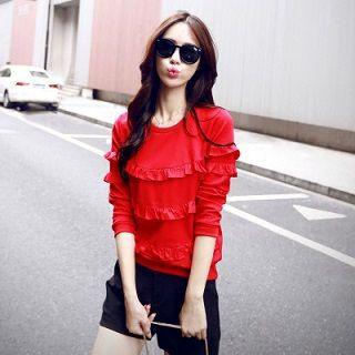 Long-sleeve Frilled-trim Top