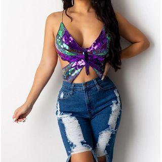Sequined Butterfly Cropped Camisole Top
