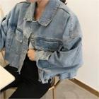 Fray-hem Lettering Denim Jacket Blue - One Size