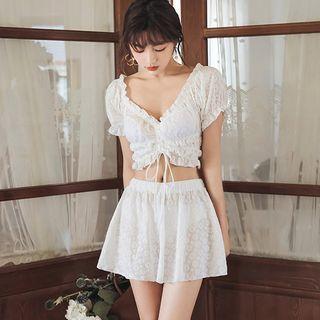 Set: Short-sleeve Eyelet Lace Tankini + Swim Skirt