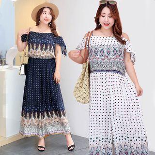 Cold-shoulder Patterned Wide-leg Jumpsuit