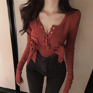 Front Pocket Long-sleeve Plain Top